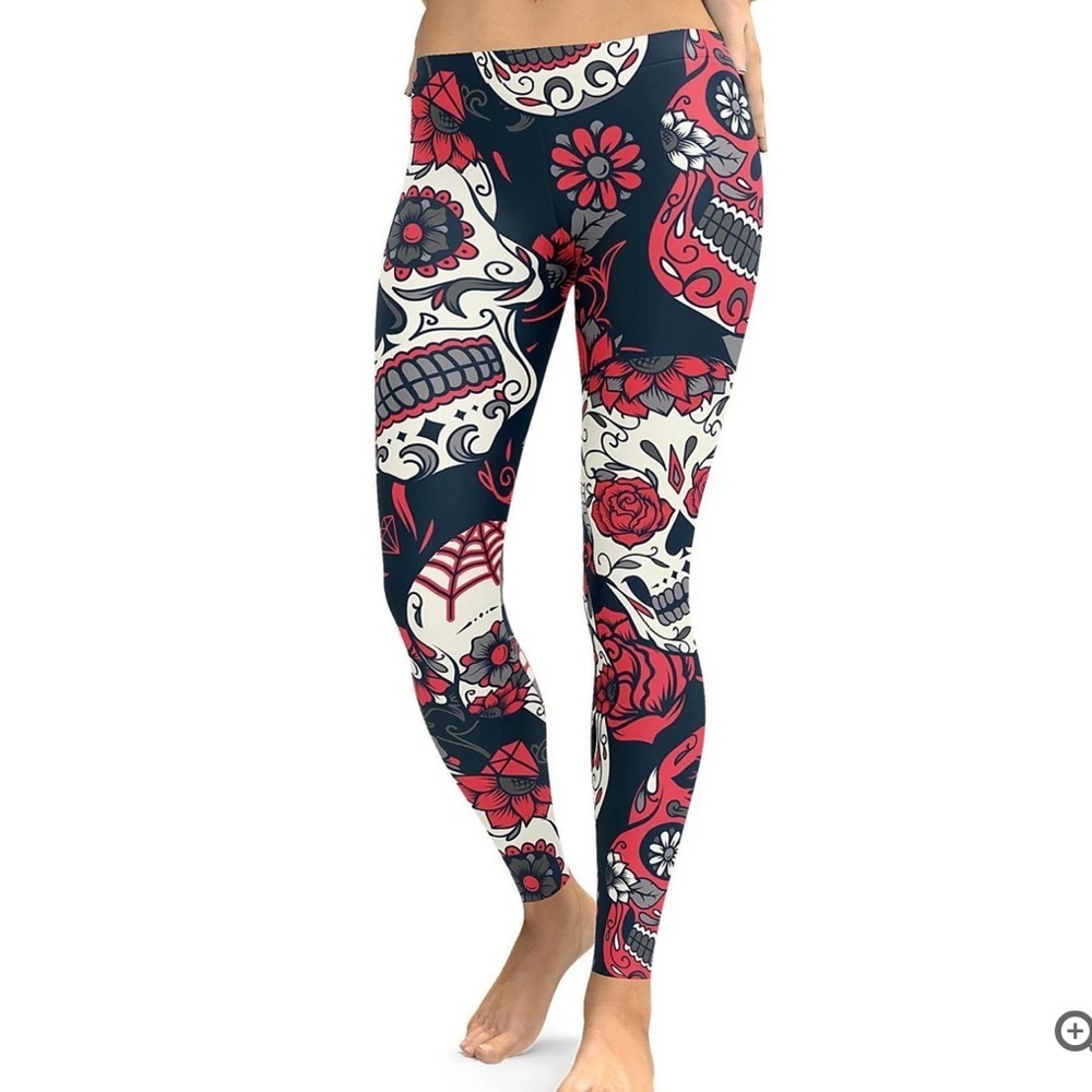 GEARBUNCH Pink Sugar Skull Low rise Yoga Active Leggings Size Medium - Picture 2 of 8